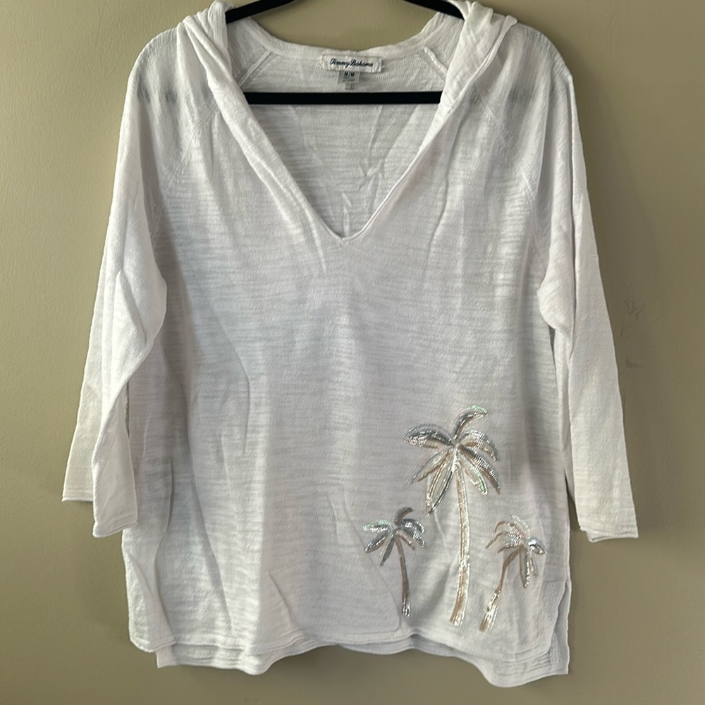 NWOT lightweight Tommy Bahama pull over sweater with sequin palm tree accents.